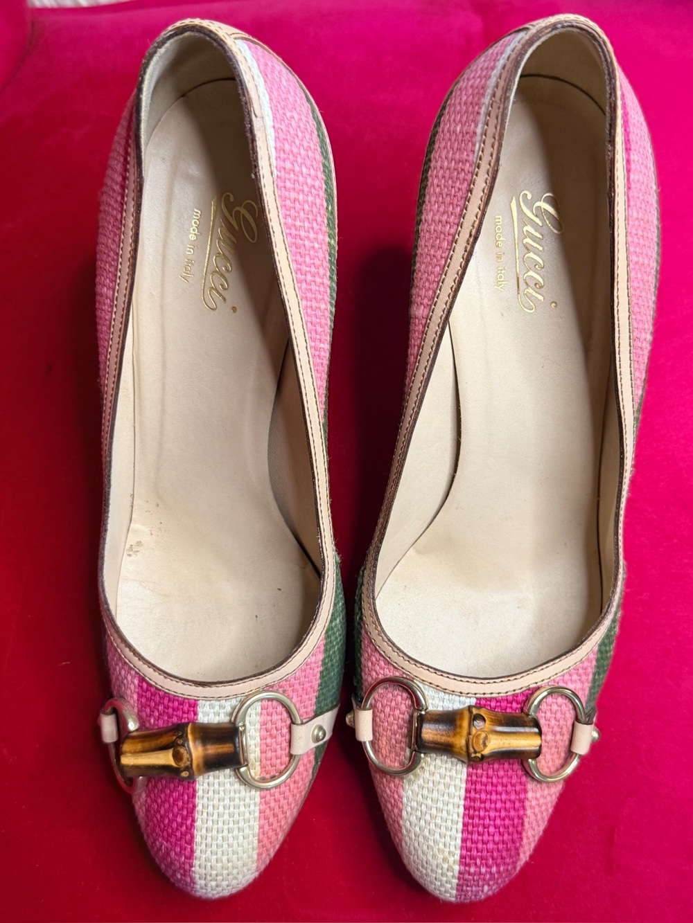 Vintage Gucci Pink Cream and Green Striped Bamboo Bit Wood heeled heels